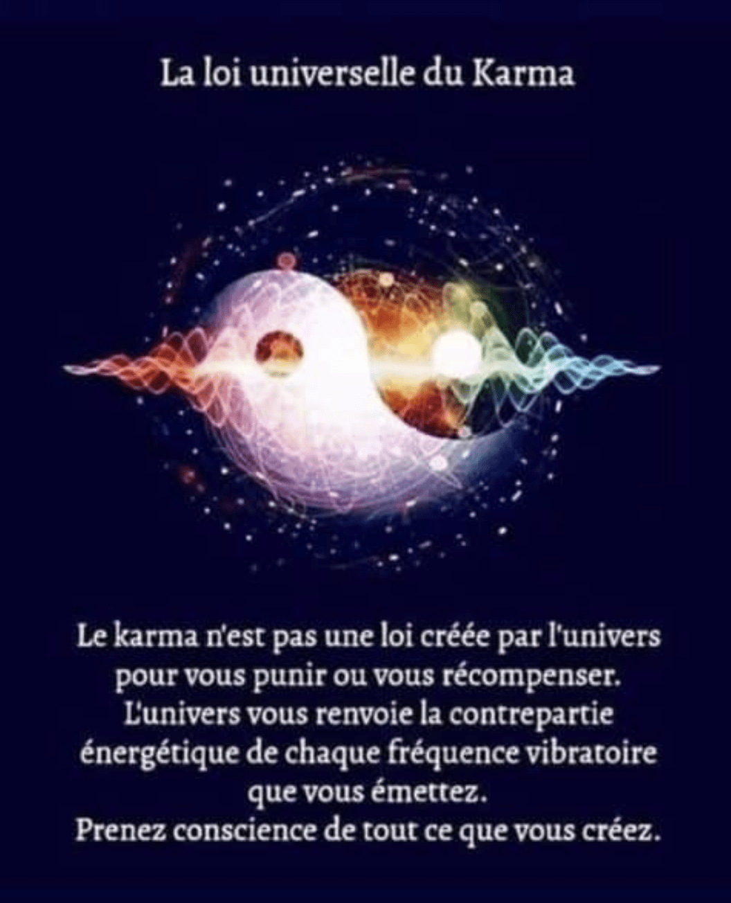 Le mot karma signifie action, pas destin. Dans le bouddhisme, le karma est une énergie créée par une action volontaire, à travers des pensées, des paroles et des actes. Nous créons tous du karma à chaque minute, et le karma que nous créons nous affecte à chaque minute. Le karma est une action, pas un résultat. Vous pouvez changer le cours de votre vie dès maintenant en changeant vos actes volontaires (intentionnels) et vos schémas d'autodestruction.